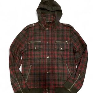 Semantic Design Red Plaid Wool Blend Military Style Jacket with Removable Hood